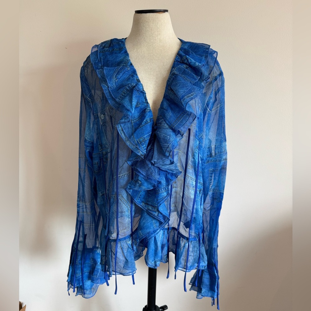 DOLLS KILL GENERATION KISS Blue Jean Denim Sheer Ruffle Blouse 3X XXXL NEW W TAG